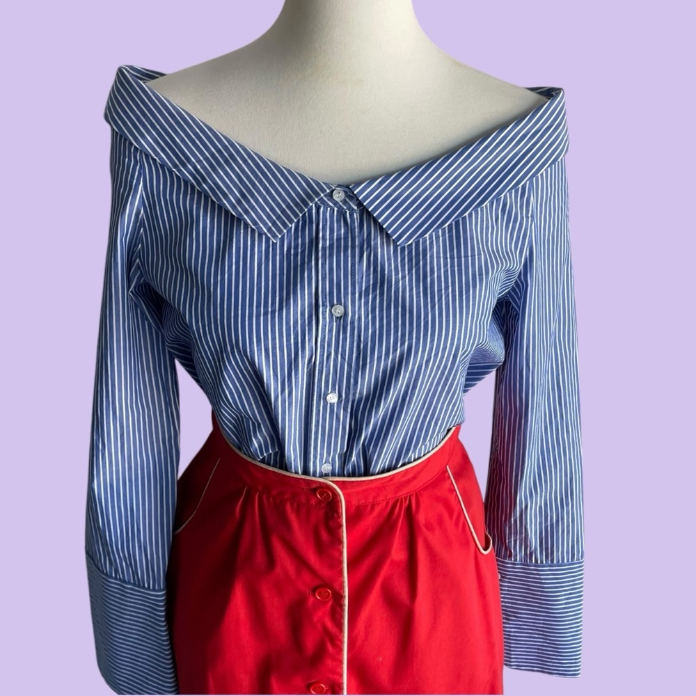 Zara Trafaluc Collection Open Collar Off Shoulder Striped Blouse